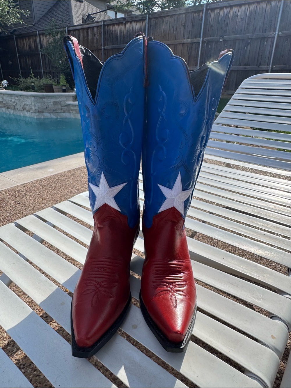 Recycled Justin Boots Red, Blue & White Star Heeled Cowboy Boots
